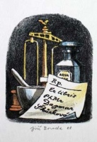 Klasické lékárnické propriety: recept, váhy, třenka s tloučkem a stojatka / zdroj:http://historie.apatykar.info/images/exlibris3.jpg